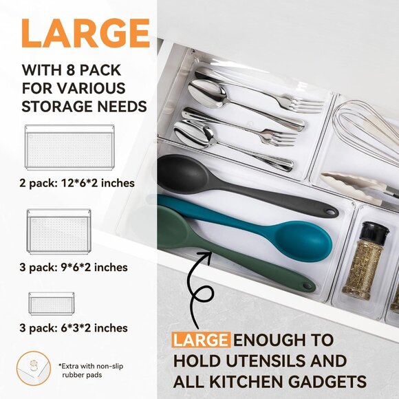 8 Pack Drawer Organizer for Kitchen Gadgets, Large Clear Plastic Drawer Divider - Picture 2 of 7